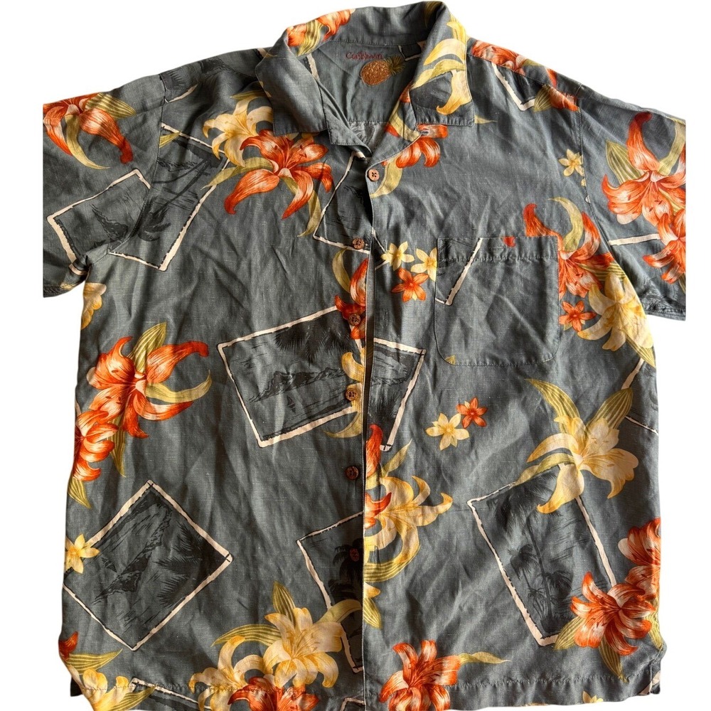 Caribbean SILK Linen Camp Shirt Mens L Gray Floral Hawaiian Tropical Aloha